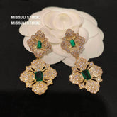 Baroque Emerald Gemstone Paved Crystal Gold Earrings Green